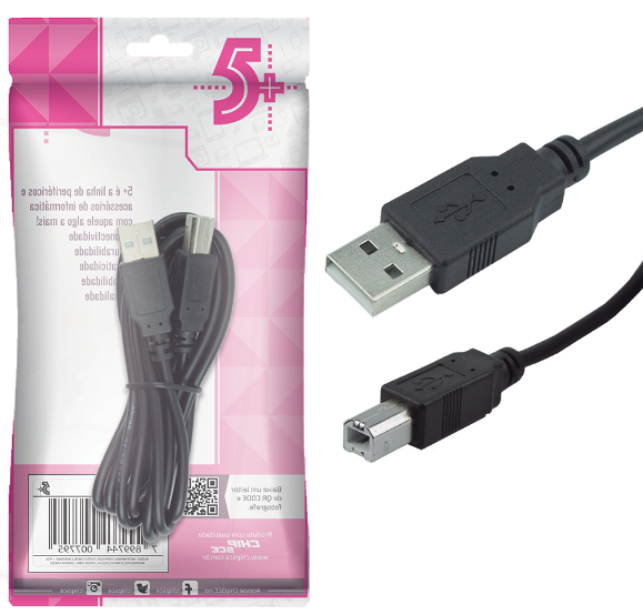  Cabo USB 5+ 2.0 A macho X B macho 2.0M preto - 018-1403